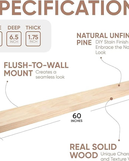 Homeforia 60 inch Wood Floating Shelf, High End Solid Natural Long Wood Shelf for Wall 60 inches, Unfinished Wooden 60inch Large Floating Shelves, Heavy Duty Bracket, 60 X 6.5 X 1.75 in, Set of 2