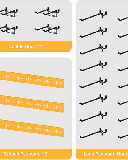 CCCEI 3 Modular Pegboard Strip Storage, Metal Peg Slat Wall Mount for Garage, Basement, Garden, Laundry Room Organization. Flexible Tool Organizer for Rake, Shovels, Crafting. Gifts for Men, Yellow.