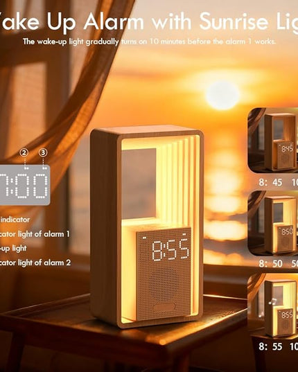 WILIT Digital Alarm Clock, Sunrise Alarm Clock with Nightlight, 9 Sleep Aid Sounds, White Noise Sounds Machine, Dimmable Display,USB Charging Port,Wood Grain Imitation,Gift for Women,Men,Travel