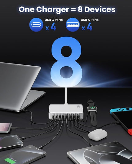 200W USB C Charger Block,GaN IV Charging Station 8 Ports,QC4.0 Fast Charging Station Hub+PD 65W USB C Laptop Charger Adapter Compatible with MacBook Air/Pro,DELL,iPhone 17/16/15,iPad,Steam Deck-White