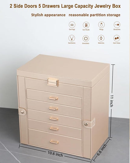 BOOVO Jewelry Box For women, 6 Layer Large Jewelry Organizer With Mirror, Multi-Function Storage Box With Lock, Necklace Holder With 5 Drawers, For Earrings Necklace Bracelet (Champagne Gold)