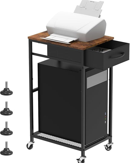Computer Tower Stand PC Tower Stand with Storage Drawer 2 Tier Wood Rolling CPU Holder Stand Mobile Printer Cart on Wheels for Home Office, Industiral Brown and Black