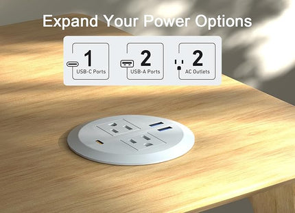 Desktop Power Grommet - 2pcs,3-inch PD30W USB C Desk Fast Charging Station,3-USB Port,Flush Mounted for 3-1/8" Desk Grommet Holes,Round Recessed Power Outlet,ETL-Certified,6.3 ft Cord,White