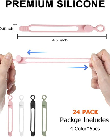 Nearockle 24Pcs Silicone Cable Straps Cord Organizer for Bundling Earphone, Phone Charger, Computer Cords, Reusable Cable Ties Wire Organizer in Home,Office,Kitchen,School (4 Colors)