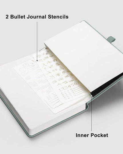 RETTACY Bullet Dotted Journal Notebook, 192 Pages, A5 Medium Size (5.7'' x 8.3''), Leather Hardcover, 100 GSM Thick Paper, for Bullet Journaling, Planning, Tracking (Blue-gray)