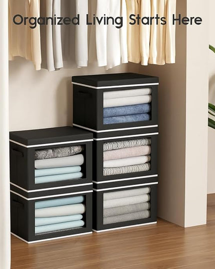 Collapsible Storage Bins with Lids - Stackable Storage Containers with Window, 3 Pack Fabric Bins for Closet, Home & Office Organization Baskets, Black, 14.9" x 9.8" x 9.8"
