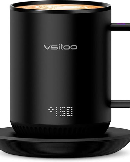Vsitoo S3 12oz Heated Mug - Temperature Control Smart Mug with Mug Warmer, Perfect for Espresso, Auto-Sensing AI Heats Drinks to 120-150°F Hands-Free.Ideal for Home/Office/Gifts，Black
