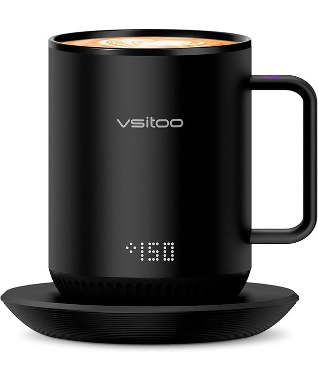 Vsitoo S3 12oz Heated Mug - Temperature Control Smart Mug with Mug Warmer, Perfect for Espresso, Auto-Sensing AI Heats Drinks to 120-150°F Hands-Free.Ideal for Home/Office/Gifts，Black