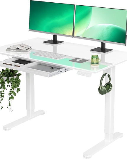 INNOVAR Glass Standing Desk with Drawers, 48×24 Inch Adjustable Stand Up Desk Quick Install Home Office Computer Desk, White