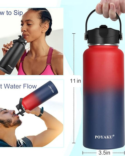 Water Bottle Insulated 32oz 40oz 64oz 128oz Straw Lid Spout Lid & 3 Lids, Leak Proof, Vacuum Insulated,Stainless Steel Water Bottle Wide Mouth for Sports, Gym or Office