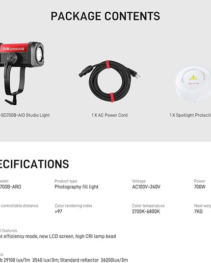 GVM 700W Spotlights LED Video Light,29100lux/1m(Bare Light),Photography Lighting Kit with APP Control, Continuous Lighting with Bowen Mount,CRI 97+, COB Lamp Beads,2700K-6800K