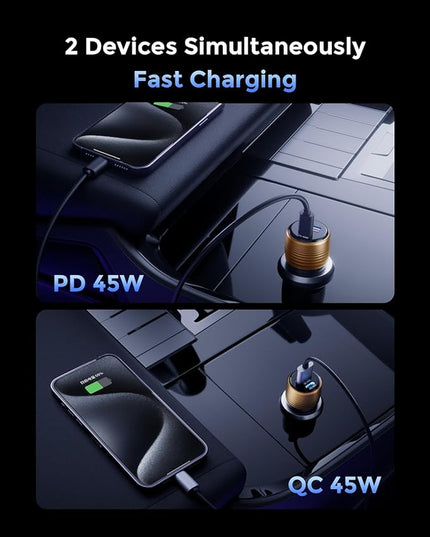 SUNDA 90W USB C Fast Car Charger, 2-Port Car Adapter, PD45W/QC45W QC 3.0 Phone Charger for iPhone 17/16 Pro/Max/iPhone 15/Laptop/Galaxy/Samsung S25/S24 (Gold)