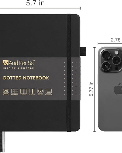 &And Per Se Dotted Journal Notebook, A5 Hardcover Leather Bullet Dotted Journal, 160 Pages 100 gsm Thick Paper, 3 Sheets of Stickers Included (Black)