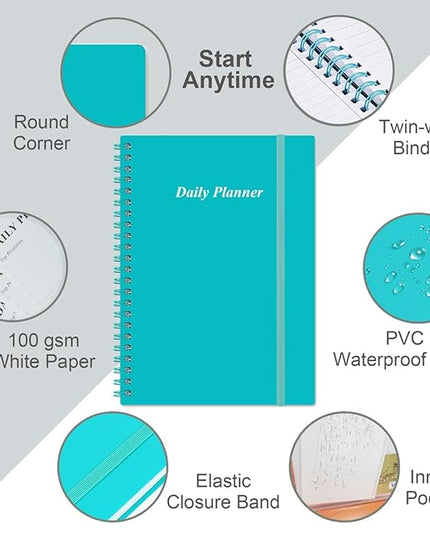 Daily Planner Undated - B5 To Do List Notebook Hourly Schedules, Spiral Appointment Planner for Women and Men, PVC Hardcover, Inner Pocket, Elastic Closure, 7" x 10", Teal
