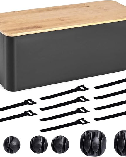 Cable Management Box - Wooden Style Cord Organizer Box to Hide Wires & Power Strips | Desk Computer Cable Organizer Box | Safe ABS Material | 12.6" (L) x 5.3" (W) 4.9" (H) | for Home & Office - Black