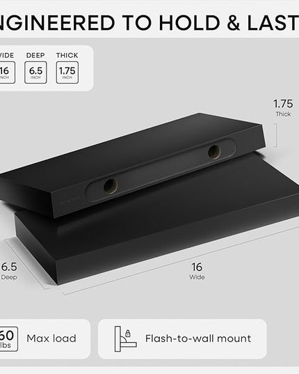 Homeforia 16 inch Black Floating Shelves, High End Solid Real Wood 16inch Bathroom Floating Shelves for Wall Mounted, 16in Wooden Small Floating Shelf, Heavy Duty Bracket, 16 X 6.5 X 1.75 in, Set of 2