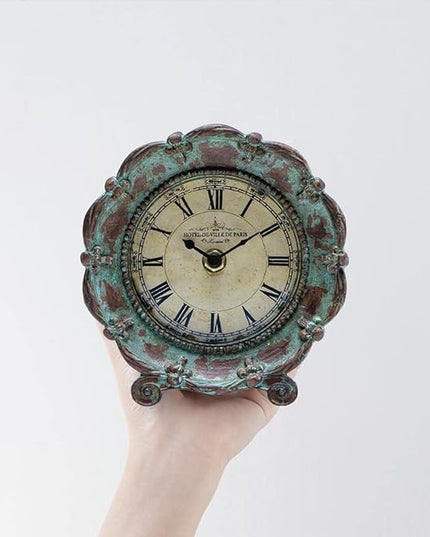 NIKKY HOME Table Top Clock, Vintage French Decorative Pewter Analog Desk Clock Battery Operated for Living Room Decor Shelf, Green