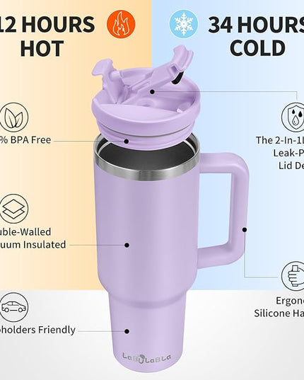 40oz Tumbler with Handle,Double Wall Vacuum Reusable Stainless Steel Insulated Water Bottle,With Leak Proof lid and Straw for Iced or Cold Beverages (Lavender Purple)