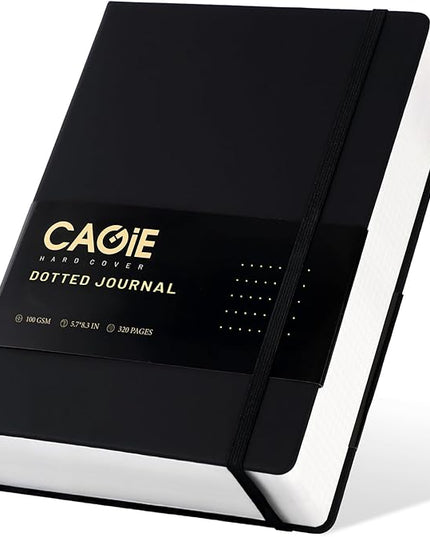 CAGIE Bullet Dotted Journal Notebook 320 Pages 100 GSM Paper Hardcover A5 Dot Grid Notebook Leather Journals for Writing Women Men Work Journaling, Black