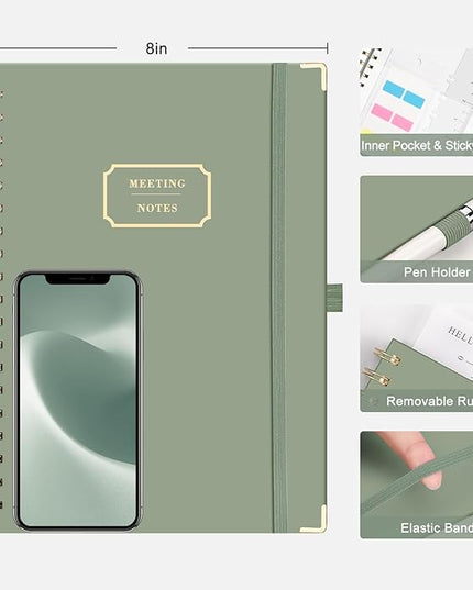 EMSHOI Meeting Notebook for Work - B5 Half Meeting Half Note Planner, 100 Pages, 100GSM Thick Paper, Hardcover, Project Organizer for Women Men Office, Business, Note Taking, 8"x10.2" - Green