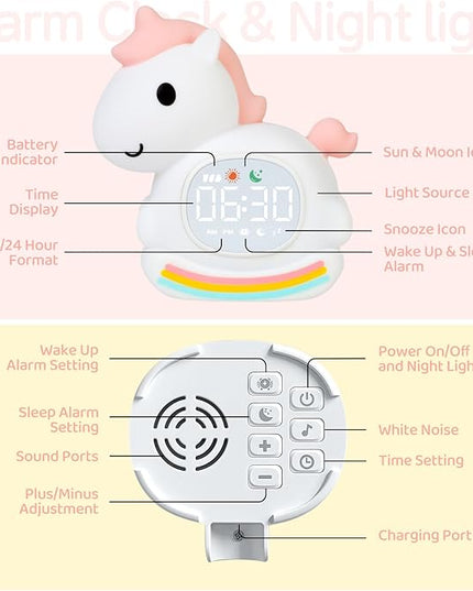 Cute Alarm Clock for Kids with Night Light, Sleep Training Clock Time to Wake Clock, Rechargeable Silicone Light for Bedroom, Perfect Sleep Companion for Boys Girls, Pink Pony