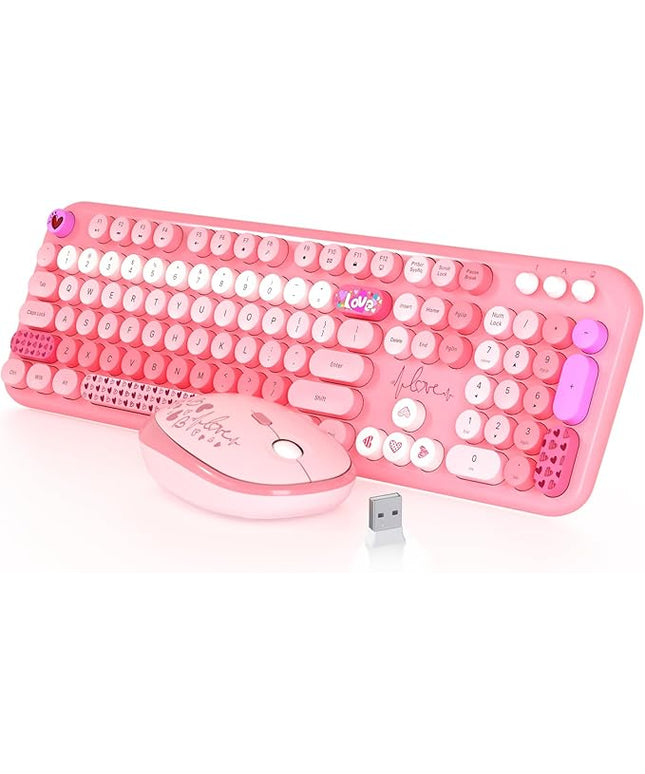 Wireless Keyboard and Mouse,MOFII 104 Round Keys Lovely Full-Size Cute Colorful Keyboard and Mouse with Retro Typewriter for PC/Mac/Laptop/Tablet/Computer/Windows Pink