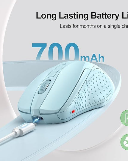 TECKNET Wireless Mouse (BT5.0/3.0 & 2.4G) Rechargeable 4800 DPI Silent USB A & Bluetooth Mouse 6 Buttons, Wide Compatibility - Lightblue