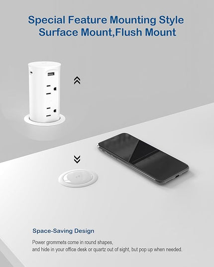 Jgstkcity 2.5 inch Hole Pop up Outlet for Countertop,20W USB C,4 USB Ports,4 Outlets 15Amp Receptacle Flush Mount,Space Saver Recessed Outlet,1875W,ETL Listed,2 PCS (White, 20W USB)