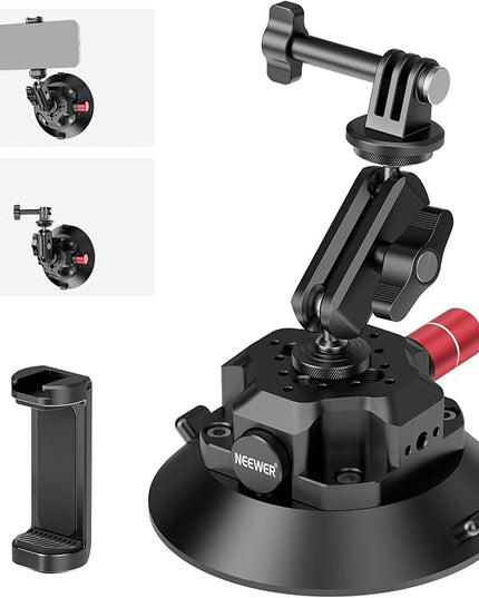 NEEWER 4.5" Suction Cup Camera Mount with Ball Head Magic Arm, 1/4" 3/8" ARRI Holes, Quick Release Car Mount with Phone Holder & Action Cam Adapter Compatible with iPhone DJI Insta360, CA105