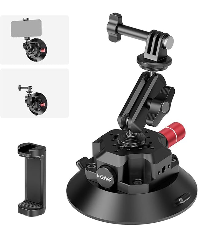 NEEWER 4.5" Suction Cup Camera Mount with Ball Head Magic Arm, 1/4" 3/8" ARRI Holes, Quick Release Car Mount with Phone Holder & Action Cam Adapter Compatible with iPhone DJI Insta360, CA105