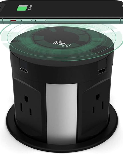 Automatic Pop Up Outlet for Countertop, Recessed Power Strip with 4 AC Outlets, 2 USB A, 2 USB C Pop Up Socket, Wireless Charger Station for Kitchen Conference Workbench, ETL Listed