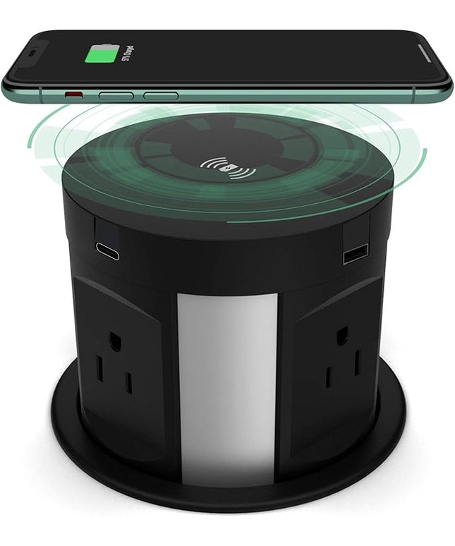 Automatic Pop Up Outlet for Countertop, Recessed Power Strip with 4 AC Outlets, 2 USB A, 2 USB C Pop Up Socket, Wireless Charger Station for Kitchen Conference Workbench, ETL Listed