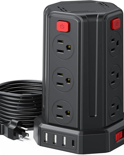 Power Strip Surge Protector, 10 Ft Extension Cord with 12 AC Multiple Outlets 4 USB (1 USB C), SMALLRT Power Tower Desktop Charging Station (Black, 10 FT PD20W)
