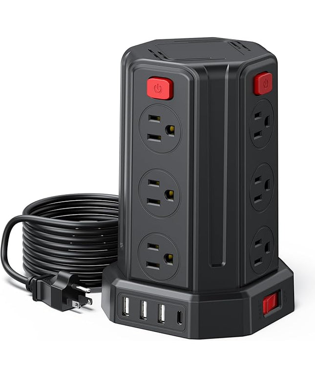 Power Strip Surge Protector, 10 Ft Extension Cord with 12 AC Multiple Outlets 4 USB (1 USB C), SMALLRT Power Tower Desktop Charging Station (Black, 10 FT PD20W)