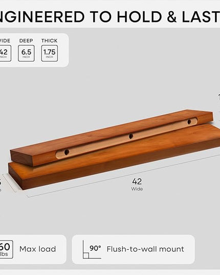 Homeforia Oak Floating Shelves 42 inch Long, High End Solid Real Wood 42inch Floating Shelf for Wall Mounted, Honey Oak Wooden 42in Floating Shelves, Heavy Duty Bracket, 42 X 6.5 X 1.75 in, Set of 2