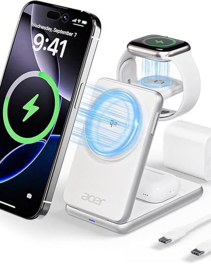 Acer 3 in 1 Charging Station for iPhone, Wireless Charger Stand,15W Fast MagSafe Charger for iPhone 17 16 15 14 13 12 Series-Apple Watch 10 9 8 7 6 5 4 3 2 SE and Ultra Series-Airpods 4 3 2 Pro Series
