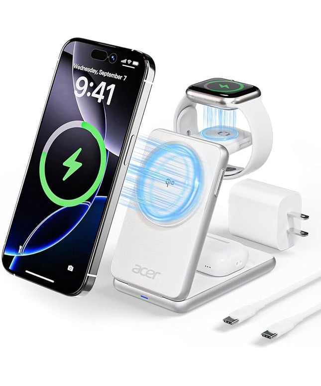 Acer 3 in 1 Charging Station for iPhone, Wireless Charger Stand,15W Fast MagSafe Charger for iPhone 17 16 15 14 13 12 Series-Apple Watch 10 9 8 7 6 5 4 3 2 SE and Ultra Series-Airpods 4 3 2 Pro Series