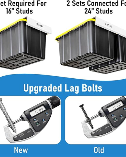 HandT USA Based Overhead Garage Storage Rack, Ceiling Tote Bin Organization Rails Shelving Racks System, Heavy Duty Hanging Metal Rack Systems for 27 Gallon Container, Supports Most Bins, 4 Sets White