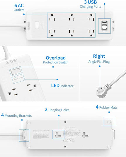 15 FT Extension Cord Surge Protector Power Strip 6 Super Wide Spaced Outlets, NTONPOWER Flat Plug Surge Protector Wall Mount with 3 USB, 1875W, 15A, 1700 Joules, Overload Protection for Home Office