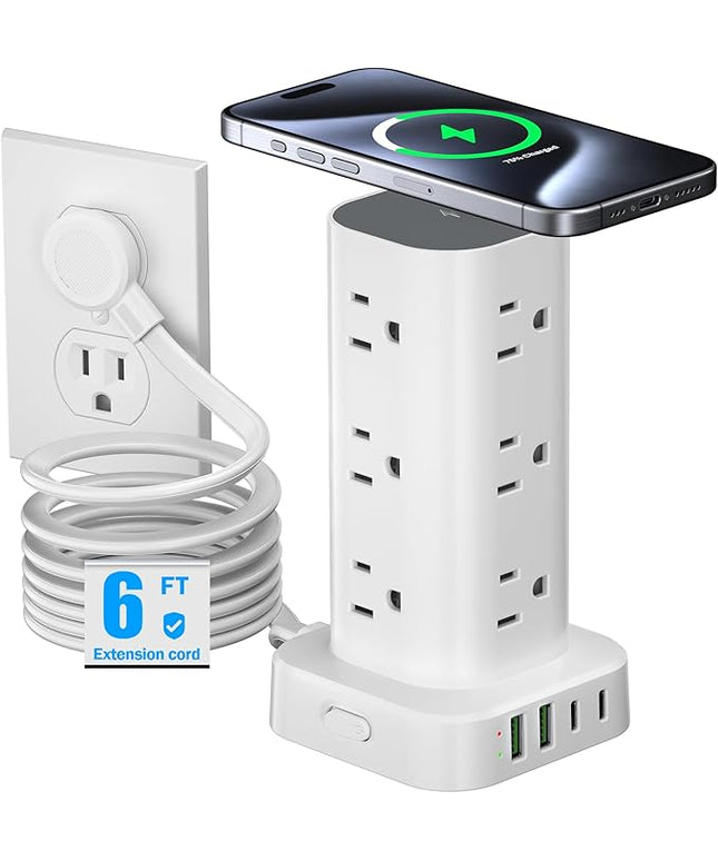 Tower Power Strip with 15W Wireless Charger, 6FT Flat Plug Extension Cord with Multiple Outlets, 12 AC Outlets, 4 USB Ports (2 USB C) Charging Station Surge Protector for Office Home Dorm Room (White)