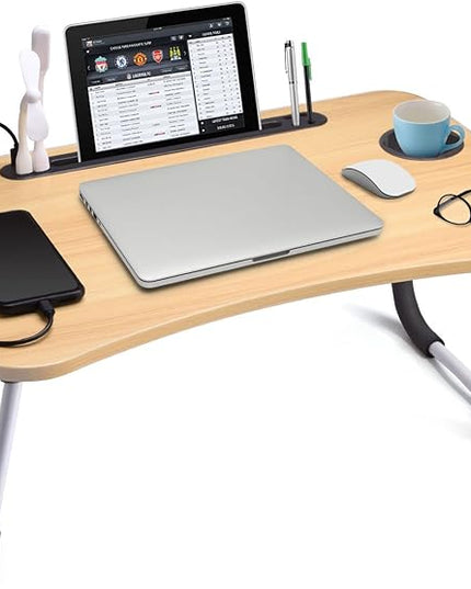 Slendor Lap Desk with Cup Holder, Foldable Laptop Table for Bed, Portable Bed Desk for Laptop and Writing, Computer Tray with Tablet Slot, Notebook Stand Reading Holder for Couch Sofa Floor,Walnut