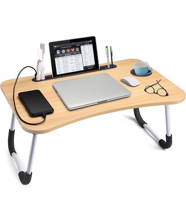 Slendor Lap Desk with Cup Holder, Foldable Laptop Table for Bed, Portable Bed Desk for Laptop and Writing, Computer Tray with Tablet Slot, Notebook Stand Reading Holder for Couch Sofa Floor,Walnut