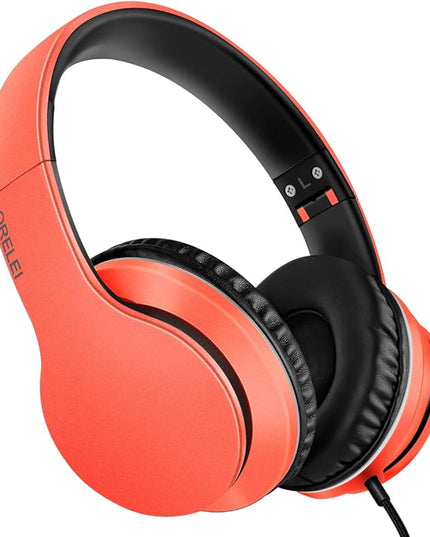 LORELEI X6 Over-Ear Headphones with Microphone, Lightweight Foldable & Portable Stereo Bass Headphones with 1.45M No-Tangle,Wired Headphones for Smartphone Tablet MP3 / 4 (Vitality Orange)