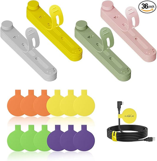 36-Pack Silicone Cable Ties and Cable Labels Sets, 24 Silicone Cord Ties+12 Identification Cord Labels，Reusable Wire tie and Wire Tags for Cable Management (Multi-Colored)