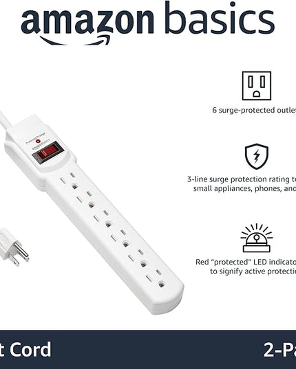 Amazon Basics Surge Protector Power Strip, 6-Outlet with 200J Protection, Circuit Breaker, LED Indicator, On/Off Switch, Wall-Mounting, 2ft Extension Cord, White, 2-Pack