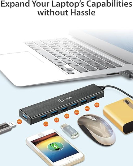 j5create 7-Port Powered USB 3.0 Data Hub with 3.3 ft Extended Cable [20W Power Adapter Included] for Mac, MacBook, Windows, Laptop, Surface, XPS, PC (JUH377)
