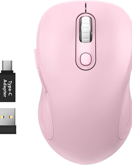 WisFox 2.4G Wireless Mouse for Laptop, Ergonomic Computer Mouse with USB Receiver and Type-C Adapter, 3 Adjustable Levels DPI, 6 Button Cordless Wireless Mice (Blush Pink)