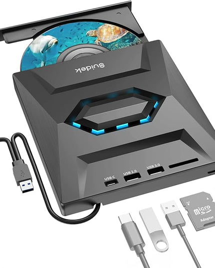 External CD DVD Drive for Laptop, USB C Portable CD/DVD +/-RW Burner DVD Player with SD Card Reader USB 3.0 Type C Hub Compatible with Laptop PC Windows Linux