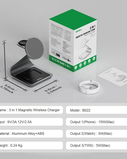 Bonola Wireless Charger for Samsung: Magnetic 3 in 1 Wireless Charging Station for Samsung S25 S24 Ultra S23 S22 S21, Aluminum Alloy Charger Dock Stand for Galaxy Watch Ultra/7/6/5/4, Buds 2/2 Pro