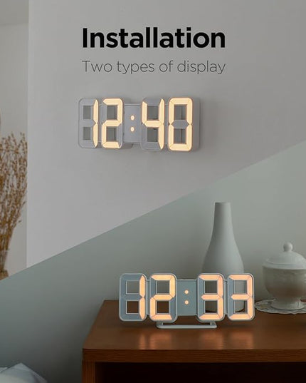 mooas 3D Pure mini White Gold LED Clock, Multi-Function LED Clock (Calendar, Alarm, Temperature) (8.5" White Gold Table Alarm Clock)